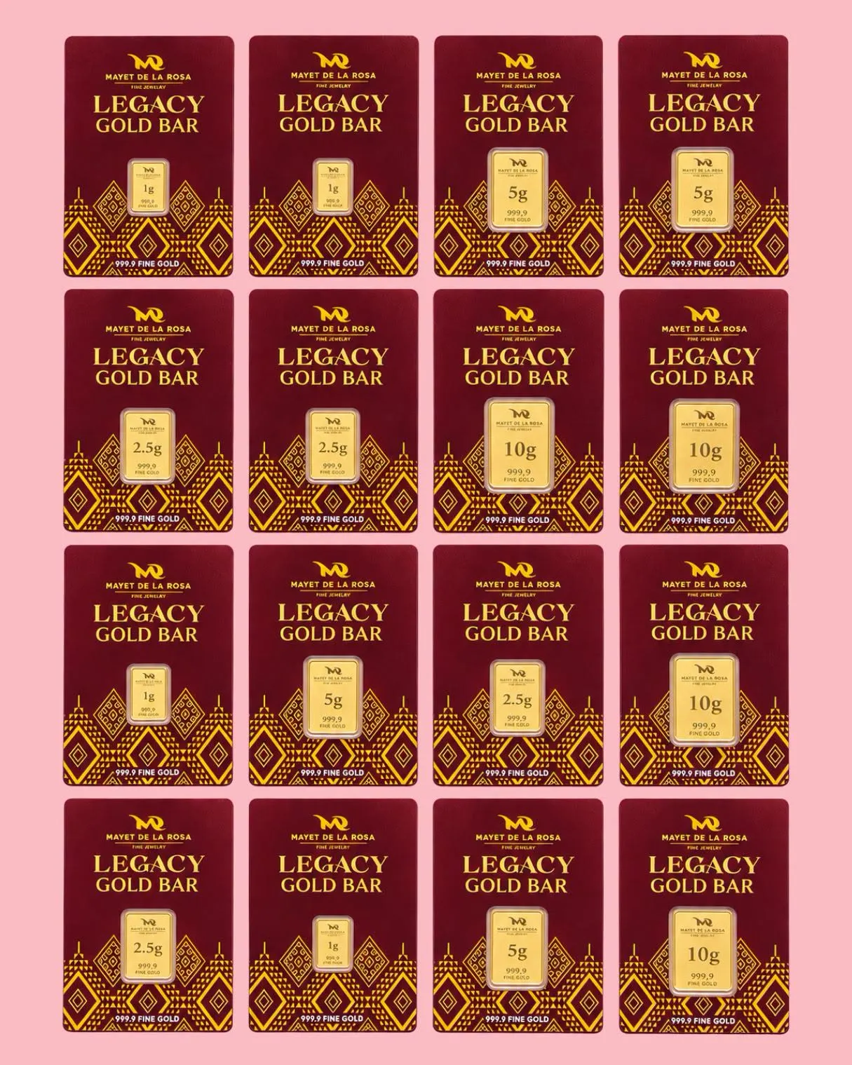 Sixteen Legacy Gold Bar cards, in burgundy and gold, arranged in a grid on a pink background